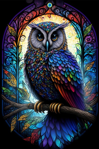 A colorful owl sits on a branch with a tree branch in the background.