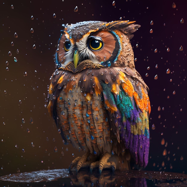 A colorful owl sits on a rainy window with rain drops on it.