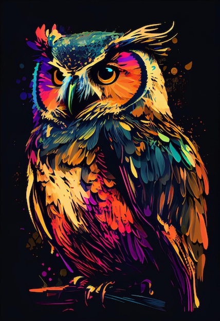 A colorful owl with a black background