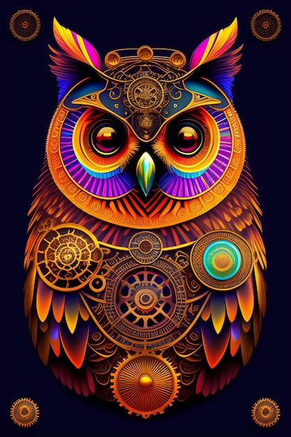 A colorful owl with a clock on it