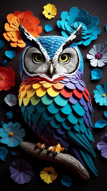 a colorful owl with a colorful head and a colorful flower on it