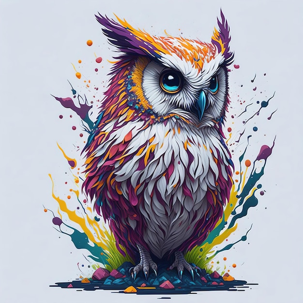 A colorful owl with a white face and purple and yellow feathers.