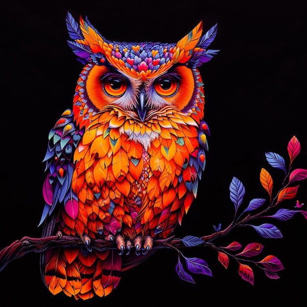 A colorful owl with a yellow eye and blue eyes sits on a branch