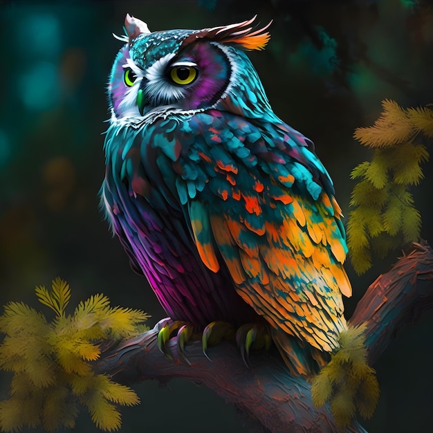 A colorful owl with yellow, orange, and blue feathers sits on a branch.