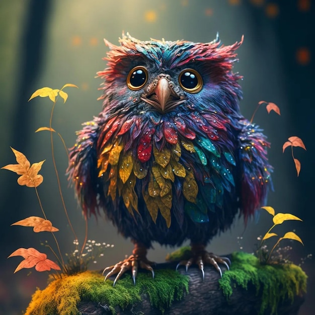 A colorful owl with yellow, orange, and green feathers sits on a rock in a forest.