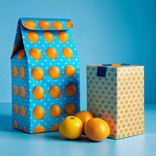 Photo colorful packaging with oranges and geometric patterns mockup template