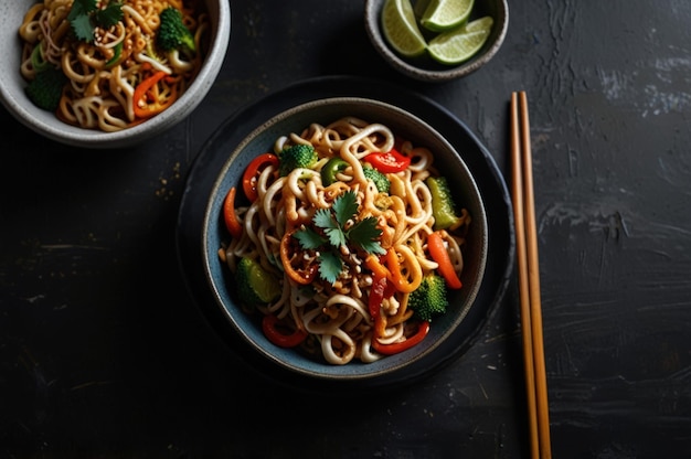 Colorful Pad Thai Stirfried Vegetables and Udon Noodles on Matte Black Surface Generated by Ai