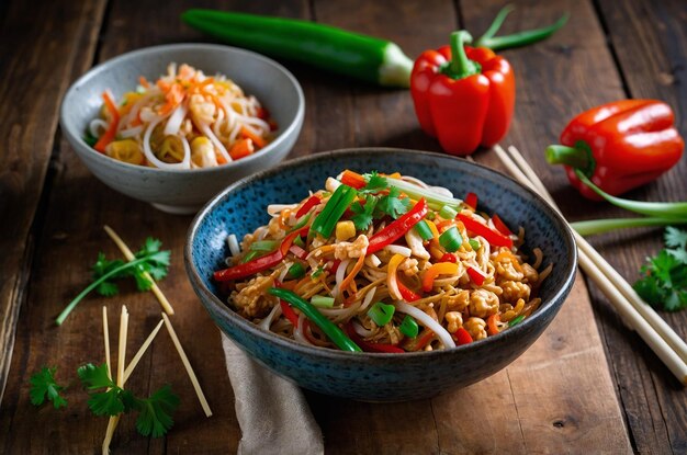 Photo colorful pad thai with bell peppers carrots and green onions on a wooden table