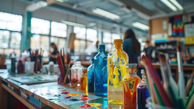 Photo colorful paint bottles and brushes on a table in an art studio