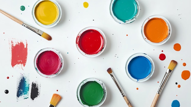 Photo colorful paint cans and brushes on white background