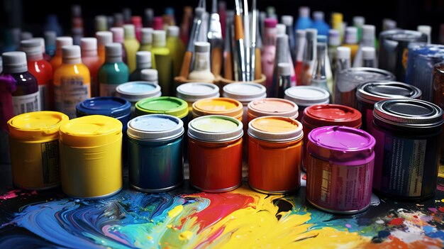 Colorful paint cans with brushes on a vibrant artists palette background