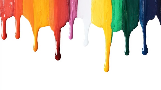 Photo colorful paint dripping down on white background in rainbow spectrum