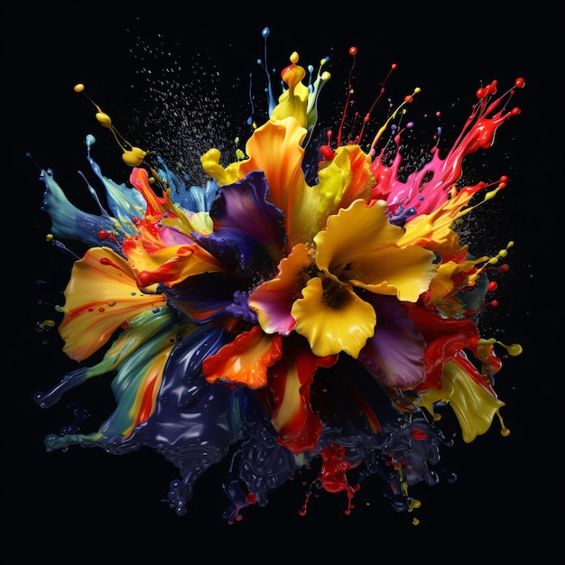 Colorful paint splash forming into shape of flower bouquet