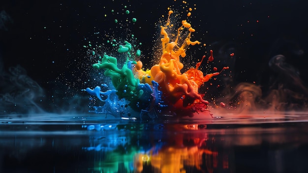 Colorful paint splash in water with a black background