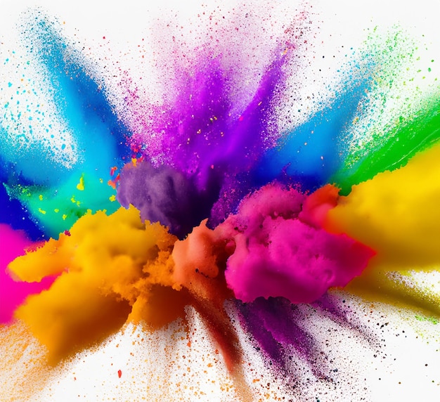 Colorful paint splashes Colorful mixed rainbow powder explosion isolated on white background