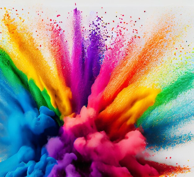 Colorful paint splashes Colorful mixed rainbow powder explosion isolated on white background