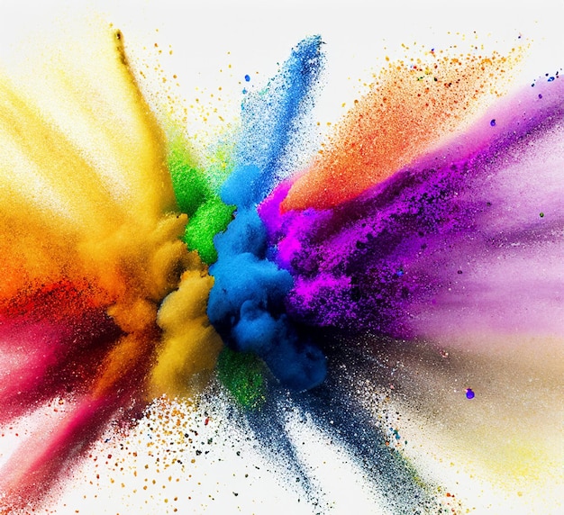 Colorful paint splashes Colorful mixed rainbow powder explosion isolated on white background