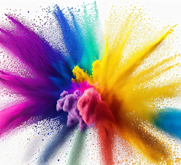 Colorful paint splashes Colorful mixed rainbow powder explosion isolated on white background