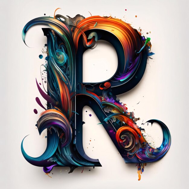 Photo colorful paint splashes letter r 3d render illustration