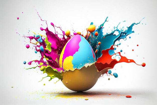 Colorful paint splashing on a easter egg isolated on black background Generative AI