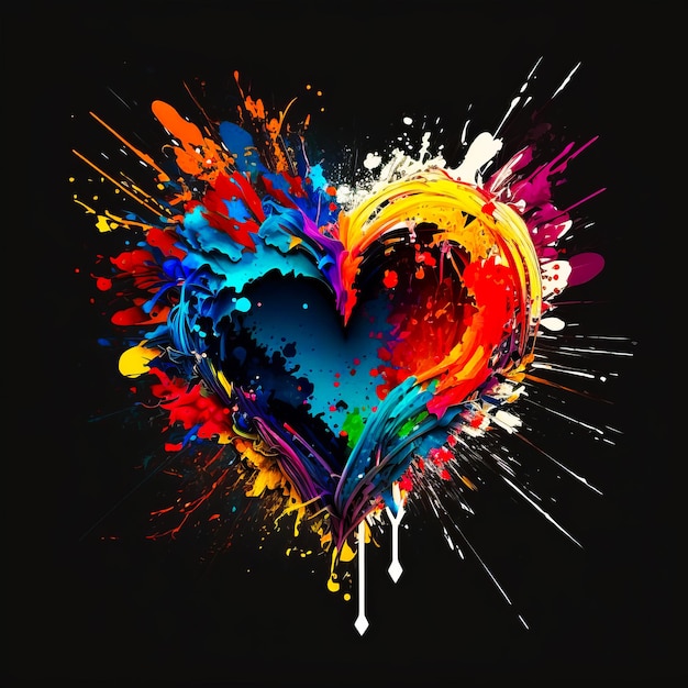 Colorful paint splattered heart on black background Generative AI