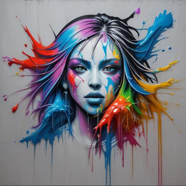 Colorful paint splattered woman painting