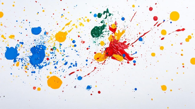 Photo colorful paint splatters on a white background featuring blue yellow red and green