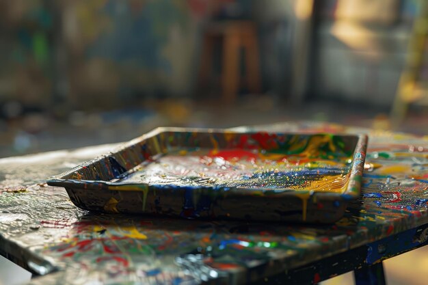 Photo a colorful paint tray on a messy art studio table during daylight hours