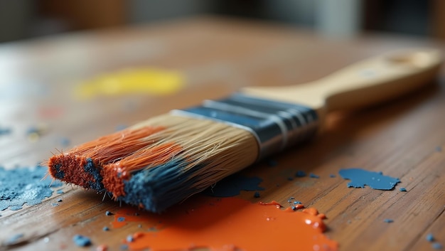 Colorful paintbrush on weathered table bristles worn