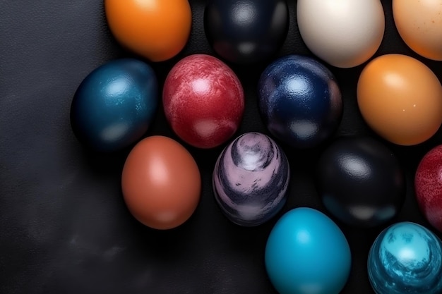 Colorful Painted Easter Eggs in Top View Display Generative AI