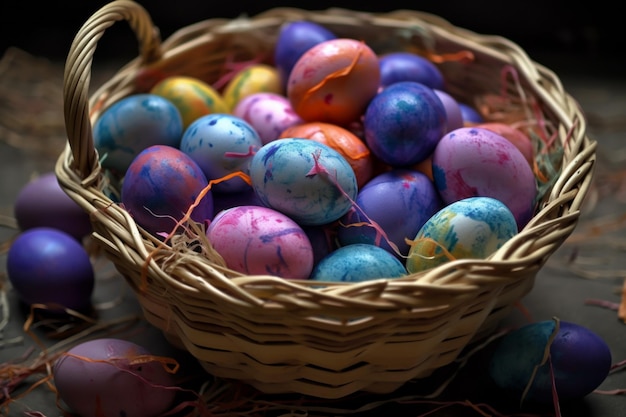 Colorful painted Easter eggs in wicker basket