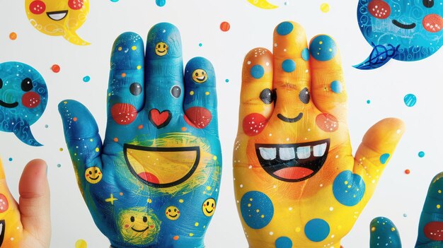 Photo colorful painted hands with smiley faces and emojis on white background