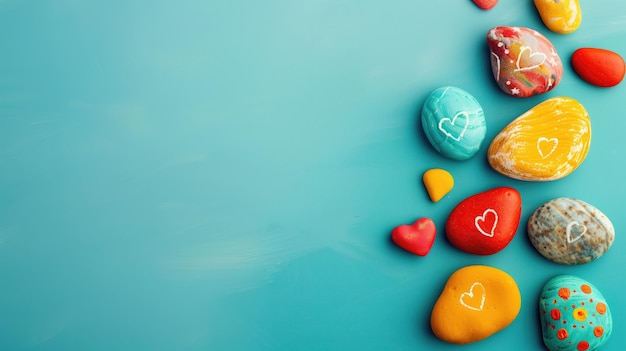 Colorful painted stones with heart designs on a teal background