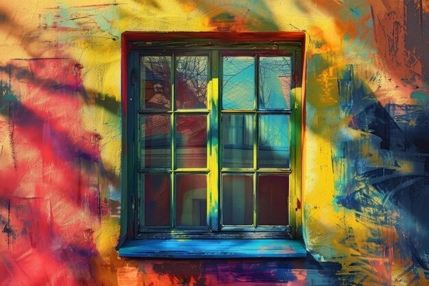 Colorful painted window on vibrant abstract background