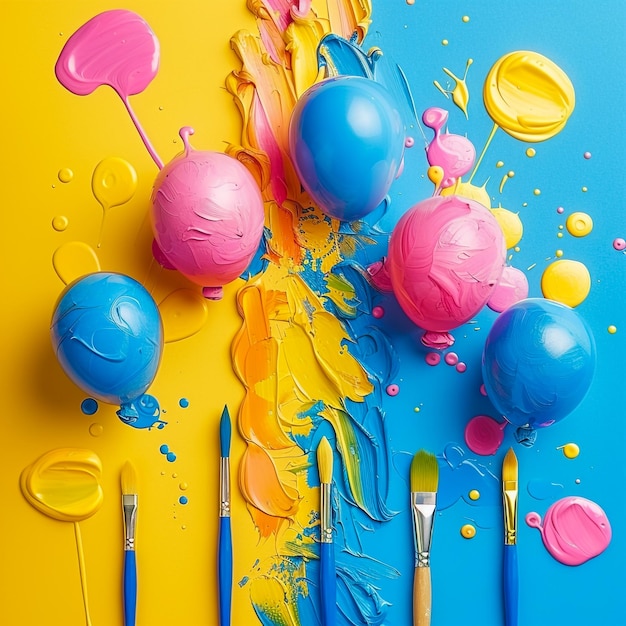 Photo a colorful painting of balloons and paint with a paintbrush