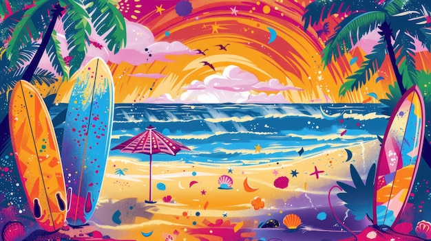 Photo a colorful painting of a beach scene with surfboards umbrellas and palm trees