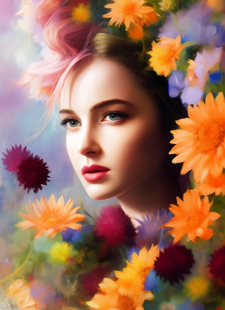 Colorful painting of a beautiful woman's face, Portrait of a beautiful woman with flowers.