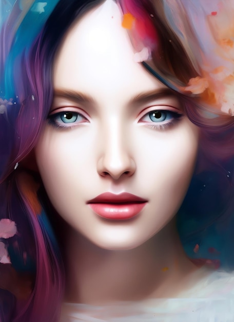 Colorful painting of a beautiful woman's face, Portrait of a beautiful woman