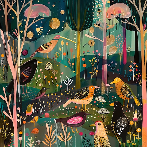 a colorful painting of birds in a forest with trees and bushes