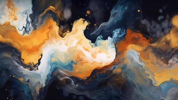 A colorful painting of a black background with orange and blue paint.