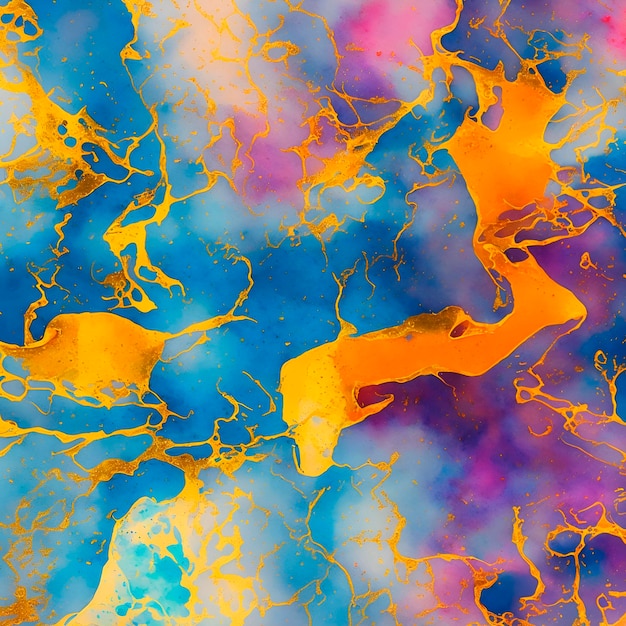 A colorful painting of a blue and yellow swirly background.