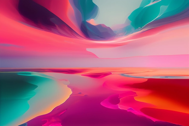 A colorful painting of a body of water with a pink and blue background.