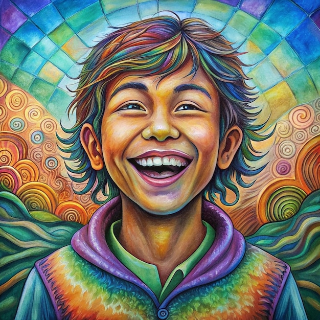 a colorful painting of a boy with a rainbow colored shirt