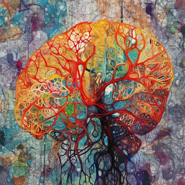 A colorful painting of a brain with the word brain on it.