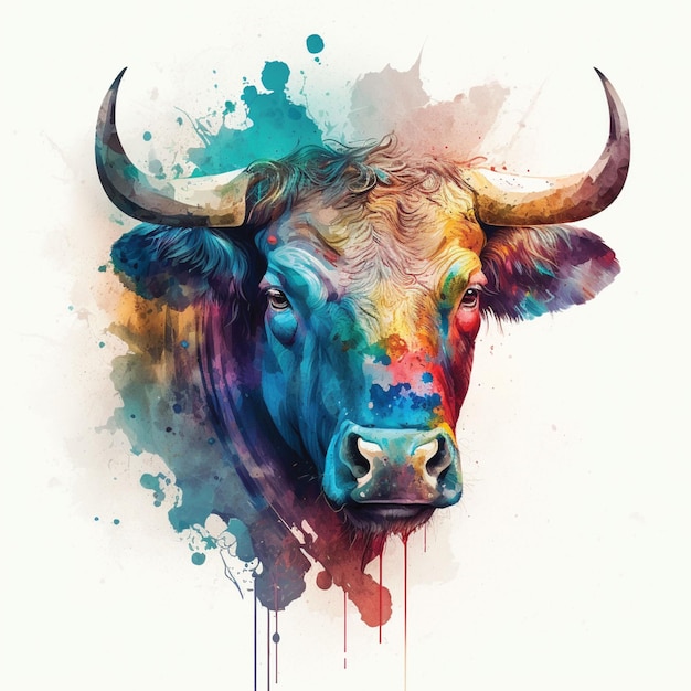 A colorful painting of a bull with a big horn and a big horn.