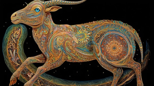 A colorful painting of a bull with a blue eye.