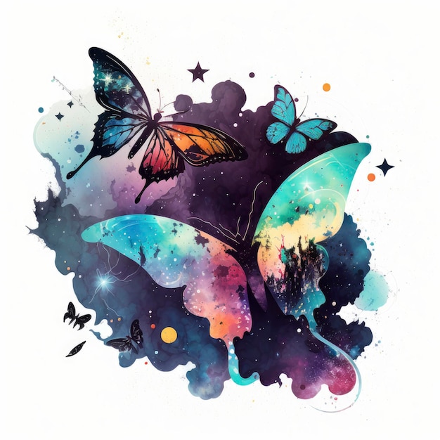 A colorful painting of a butterfly with a black background and a black butterfly on the right.