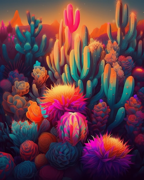 A colorful painting of a cactus garden.