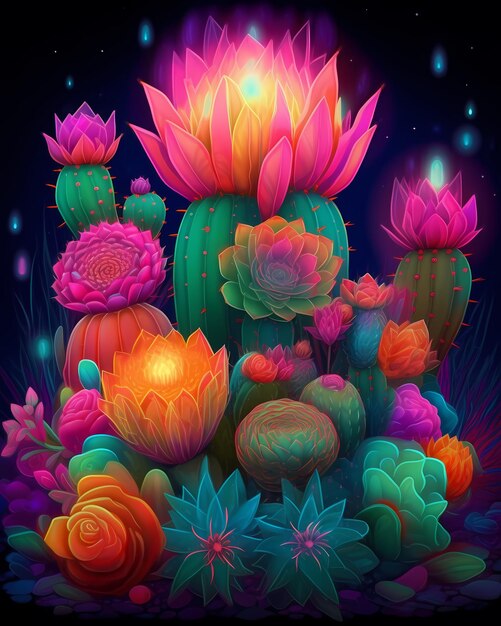 A colorful painting of a cactus with a light on it.