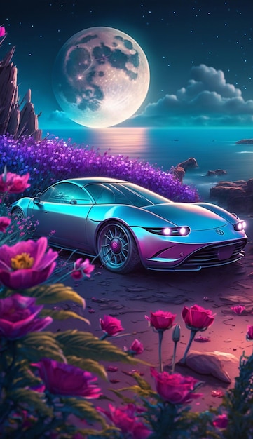 A colorful painting of a car with the moon in the background.